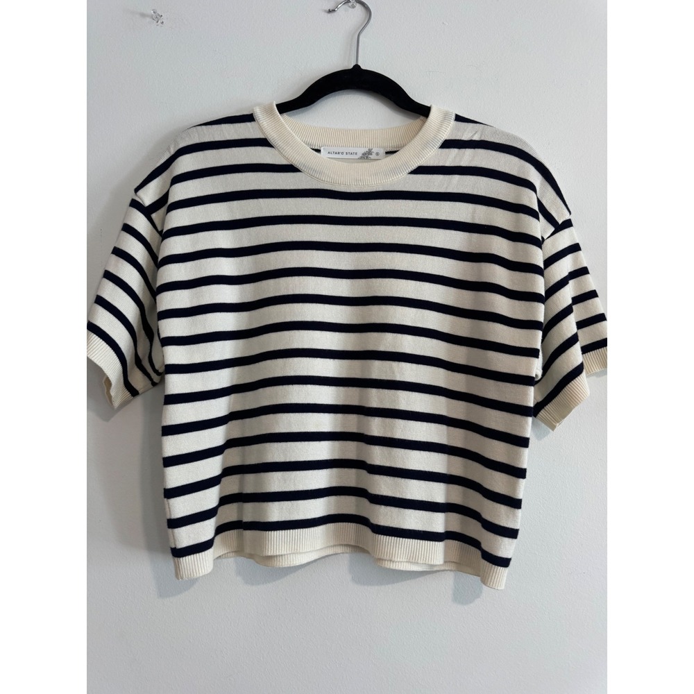 Altar'd State Striped Short Sleeve Knit Sweater Womens Small Navy Cream Nautical